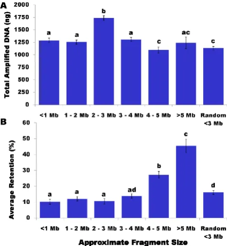 Figure 1. Effects of sampled fragment sizes on WGA yields (A) and marker retention rate (B)