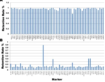 Figure 2. Marker retention rate on whole genome DNA samples (A) and HAPPY lines (B).  