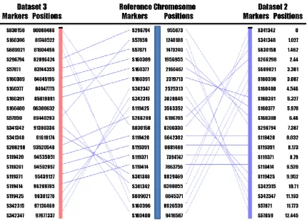 Figure 3. UCE marker locations and orders on human chromosome 1 (Reference chromosome) as compared to their locations and orders on our frog HAPPY map (Dataset 2) and frog genome assembly v7.1 (Dataset 3)