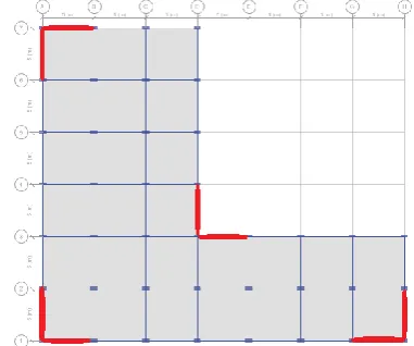 Figure 1: Plan of Model 2 (bracing locations are marked with red line) 