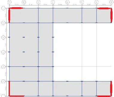 Figure 3: Plan of Model 6 (bracing locations are marked with red line) 