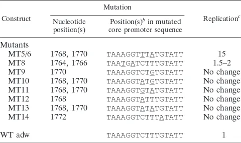 TABLE 1. Effect of naturally occurring and randomly designedpromoter mutations on HBV replicationa