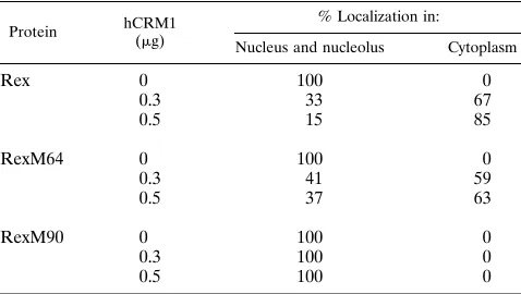 TABLE 1. Subcellular localization of Rex, RexM64, and RexM90with or without overexpression of hCRM1a