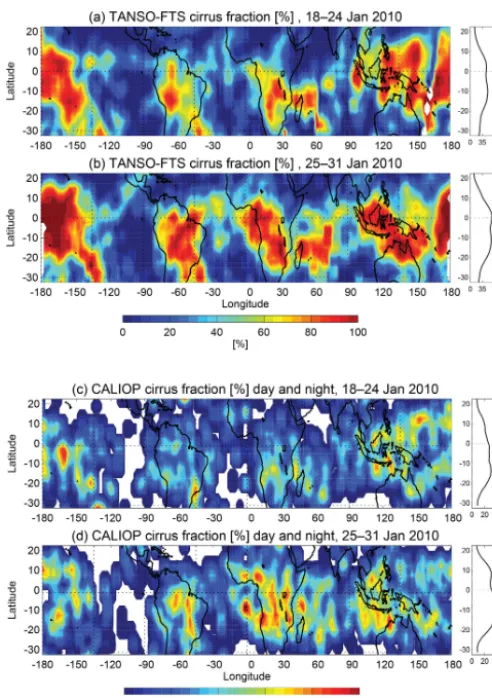 Figure 9. Maps of cirrus cloud occurrence frequency from theJanuary. Both datasets were smoothed using 3-grid box smoothing.TANSO-FTS water vapor saturated method and CALIOP plottedfor 2.5◦ boxes