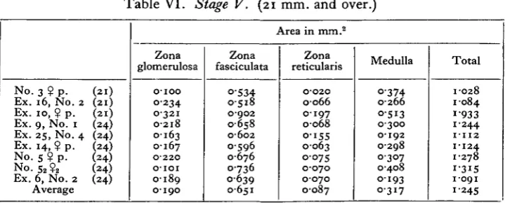 Table VI. Stage V. (21 mm. and over.)