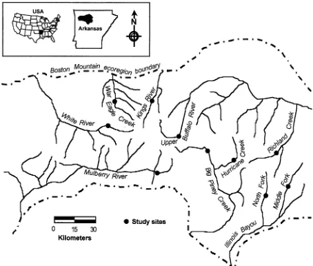 Figure 1. Map of Boston Mountain ecoregion showing studyrivers and sites.