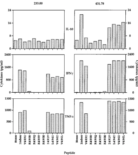 FIG. 1. Peptides corresponding to naturally occurring variants of the CD4�1along with 0.5Th-cell epitope Env(484-496) compete with the Env(171-192) peptide for bind-ing to Mamu-DR*W201 molecules expressed by RM3-transfected antigen-pre-senting cells