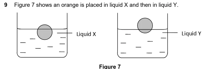 Figure 7 shows an orange is placed in liquid X and then in liquid Y. 