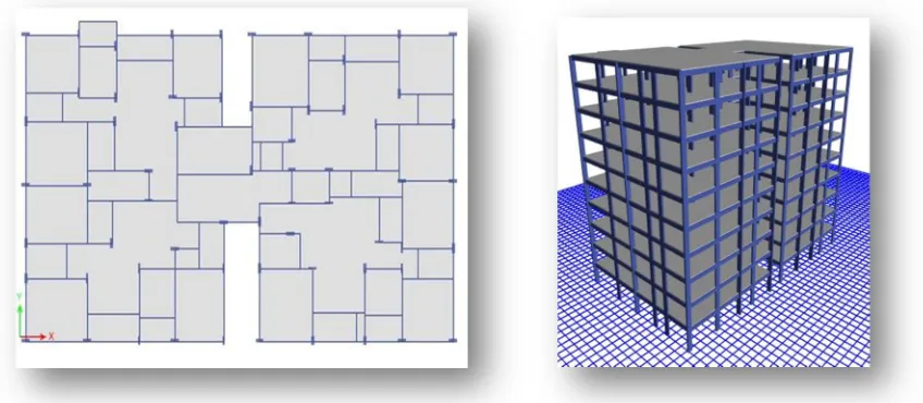 Fig.1: Plan of G+9 storied RC bare frame model                       Fig.2: 3D View of G+9 storied RC bare frame model 