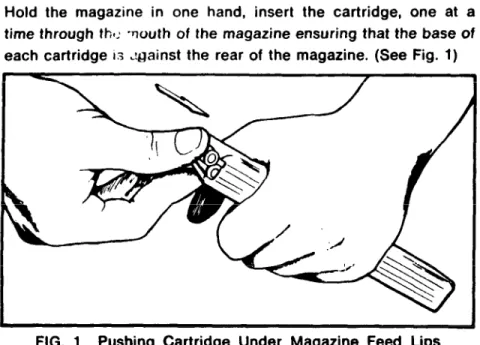 FIG.  1  Pushing  Cartridge  Under  Magazine  Feed  Lips 