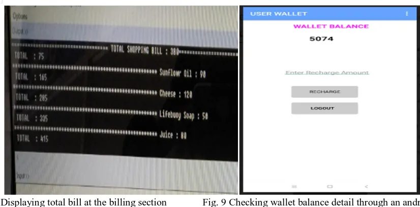 Fig. 8 Displaying total bill at the billing section              Fig. 9 Checking wallet balance detail through an android app   