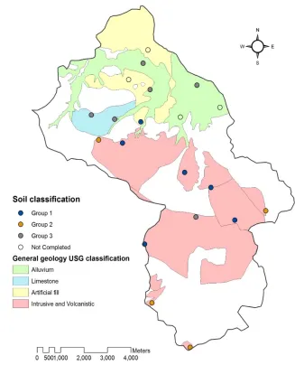 Figure 3: The soil classification group for each school (indicated by colored dots) as determined from our study, overlain on a geologic formation map from USGS soils classification