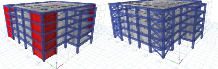 Figure 3: 3D View of Flat Slab with Shear Wall Structure                        Figure 4: 3D View of Flat Slab With Bracing Structure 