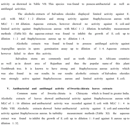 Table  VIII.  Alcoholic    extracts showed   better antibacterial    activity   against   E