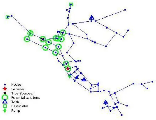 Figure 2.12 Potential source locations identified for the 1-sensor case (Scenario 7) 