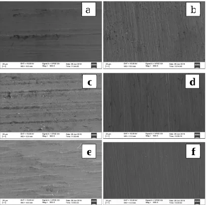 Fig 3.5: SEM images for 500 magnification; (a) 6 mm, Zero pass (b) 6 mm, Ten Passes (c) 8 mm, Zero pass (d) 8 mm, Ten Passes (e) 10 mm, Zero pass (f) 10 mm, Ten Passes 