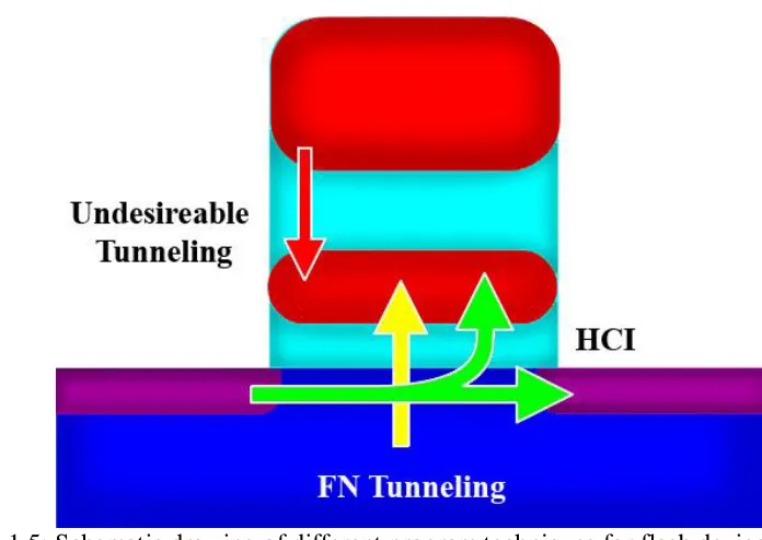 Figure 1.5: Schematic drawing of different program techniques for flash devices. Both hot  carrier and Fowler-Nordheim tunneling are shown as well as undesireable 
