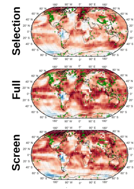 Figure 9. Correlation maps similar to Fig. 8 for the RMSE-AMvariant of the AM method. The three maps depict the result obtainedusing each of the three variants of the PAGES 2k network describedin Sect