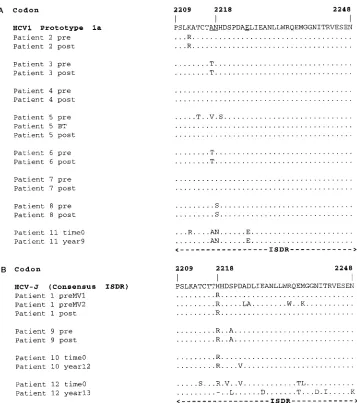 FIG. 5. Direct sequencing of the ISDR before and after IFN therapy. ISDR sequences are shown for IFN-treated patients 1 to 9 and untreated control patients10 to 12