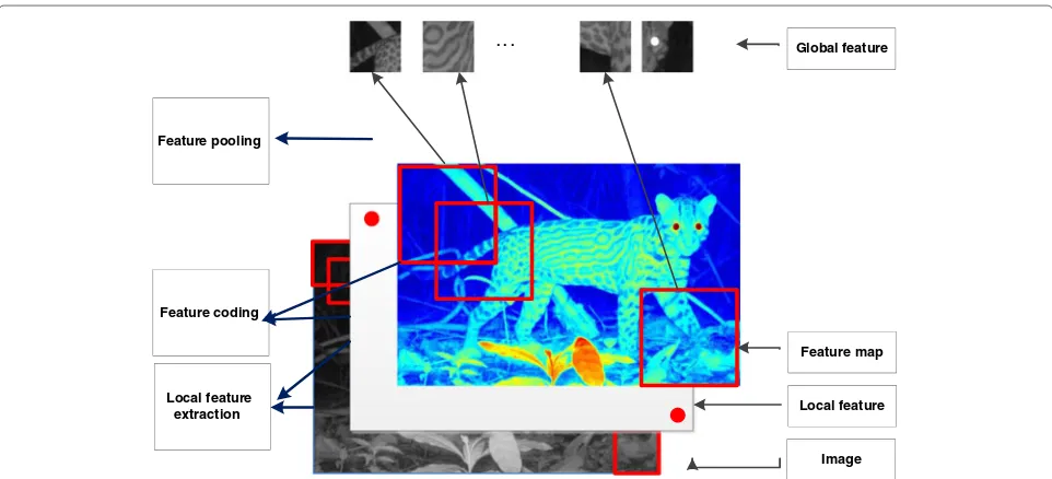 Figure 1 The architecture of ScSPM algorithm. The densely extracted local features are pooled across different spatial locations over differentspatial scales.