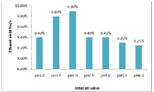 Figure 14. Effect of inoculum size% v/v on the ethanol yield in molasses medium contained 18 % w/v fermentable sugars fermented by S
