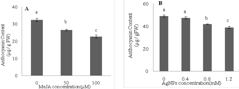 Fig. 1. Membrane lipid peroxidation of Achillea millefolium L. treated with different concentrations of MeJA (A), and AgNPs (B)