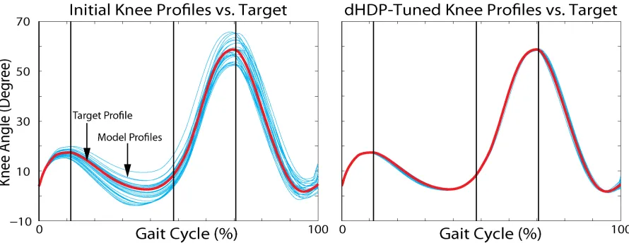 Figure 2.3 Left: initial knee angle proﬁles. Right: dHDP-tuned knee angle proﬁles (light blue) inrun 2 of scenario 3