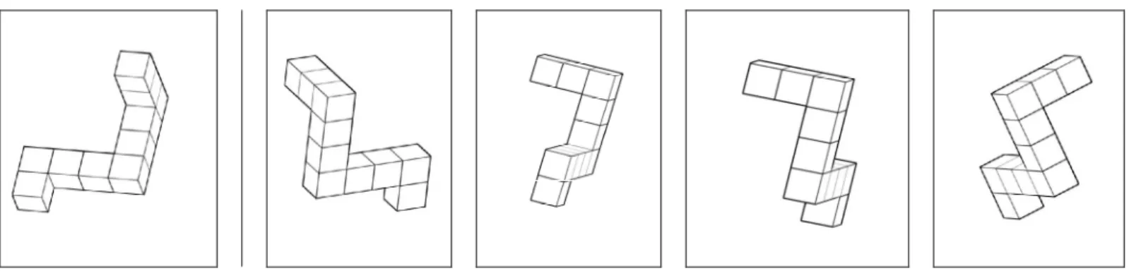 Figure 3. Sample stimuli from the Vandenberg Mental Rotation Task (VMRT). Subjects  must locate both instances of the target shape (left) amongst the four possible choices