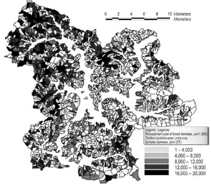 Figure 7 Distribution map of the procurement cost of forest biomass, yen/t (DM)Slika 7