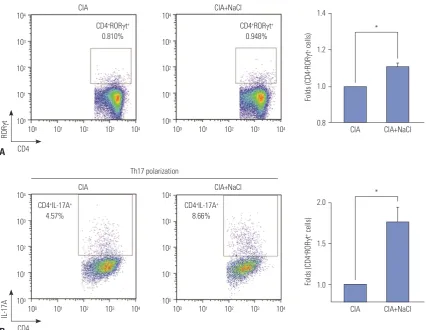 Fig. 3. NaCl-rich condition primes Th17 polarization in mice with CIA. (A) Flow cytometry analysis of naïve CD4of three independent experiments and are expressed as meanmice (CIA) and high-salt-fed CIA mice (CIA+NaCl)