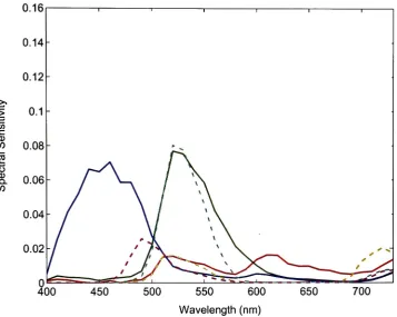 Figure 6.16- Camera sensitivities with the Wratten 38 and 60 filters applied. The dashed linesrepresent the sensitivities resulting from the use of the Wratten 60.