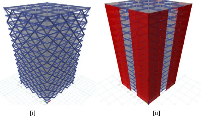 Fig. 1 3D models of [i] diagrid building [ii] shear wall building 