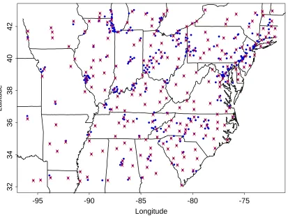 Figure 10: Final partition of size 252 using Nychka and Saltzman (1998) approach. The crosses indicate the