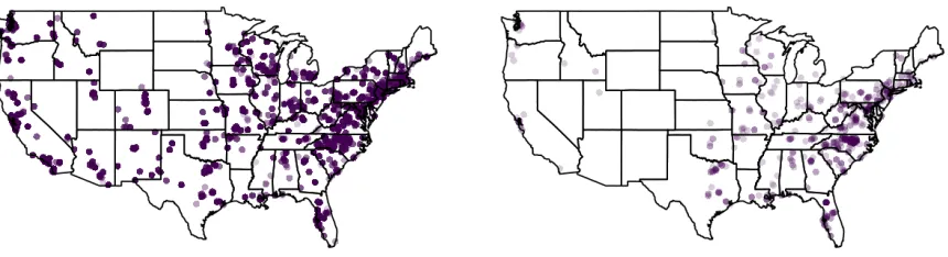 Figure 2.3 Map of presence for taxa assigned to a large cluster of 100 taxa and a small cluster of 3 taxa