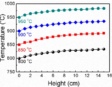 Fig. 2. Temperature profile with different height from the bottom of furnace at the selected  fixing of bottom temperatures
