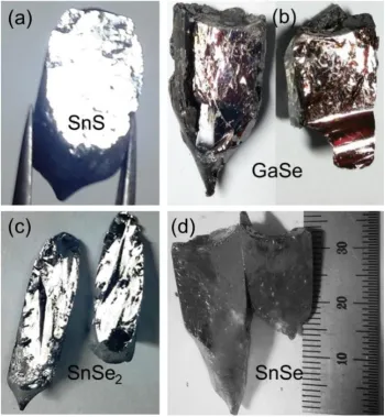 Fig. 3. Photographs of (a) SnS, (b) GaSe, (c) SnSe2, (d) SnSe single crystals grown  by temperature gradient method