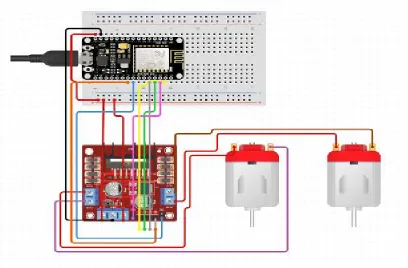 Fig. 2 NodeMCU, L298N Motor Driver & DC Motor Connection 