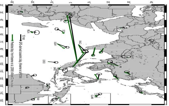 Fig. 2. Coseismic displacements caused by the 2004 Sumatra earthquake. Observed coseismic displacements [13] and predicted displacements in this study