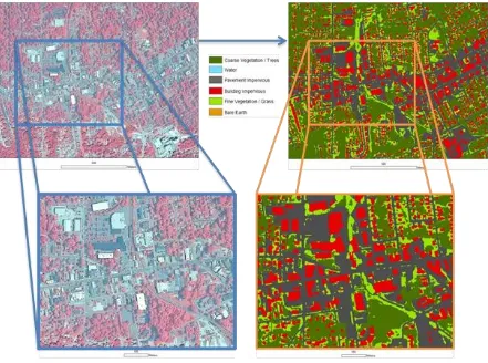 Figure 1.3: Classification Snapshot of Chapel Hill / Carrboro, NC. On the left is the zoomed color infrared image of downtown Chapel Hill (500m to 100m scale)