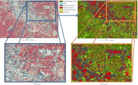 Figure 1.4: Classification Snapshot of Durham, NC. . On the left is the zoomed color infrared image of downtown Durham (500m to 100m scale)