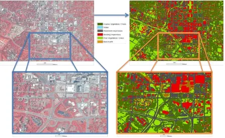 Figure 1.5: Classification Snapshot of Raleigh, NC. . On the left is the zoomed color infrared image of downtown Raleigh (500m to 100m scale)