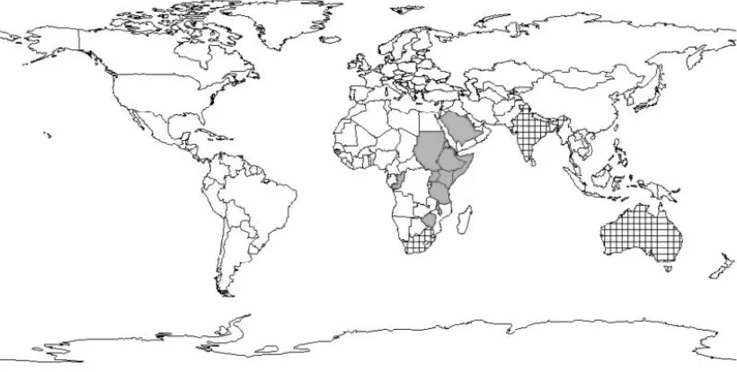 Fig. 1. Distribution of on the map while exotic in those filled with grid shape (Source: Orwa Juniperus procera over the world where it spreads naturally in the gray colored countrieset al
