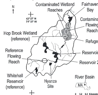 Fig. 1. Map of the Sudbury River basin showing the areas from which test sediments were taken.