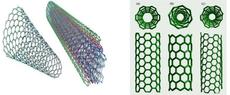 Fig. 3. Sheets of graphite rolled into a tube form carbon nanotubes, single and multi-walled nanotubes.They are used as structural composites and in catalytic and biomedical supports