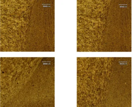 Figure 9:  Microstructures in Weld Nugget -TMAZ Zone at 700 rpm. (a) 45mm/min (b) 65mm/min (c) 85mm/min (d) 105mm/min   