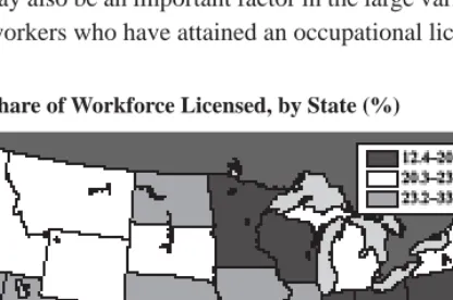 Figure 3.1 shows a map of the number of states that license various  occupations by high, medium, and low