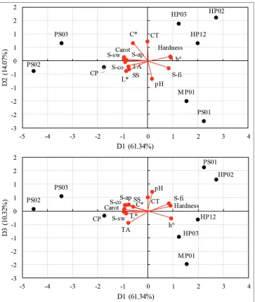 Fig 5. Sensory map of principal components after VARIMAX transformation (D): Attributes (vectors) and Pumpkin Varieties (circles) of gluten-free breads