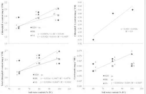 Table 5: Means of shoot dry matter (SDM, g) and node number in the main stain (NN, per plant), 6 days after soil moisture levels imposition, associate, or not, to foliar application of 24-epibrasinolide or salicylic acid