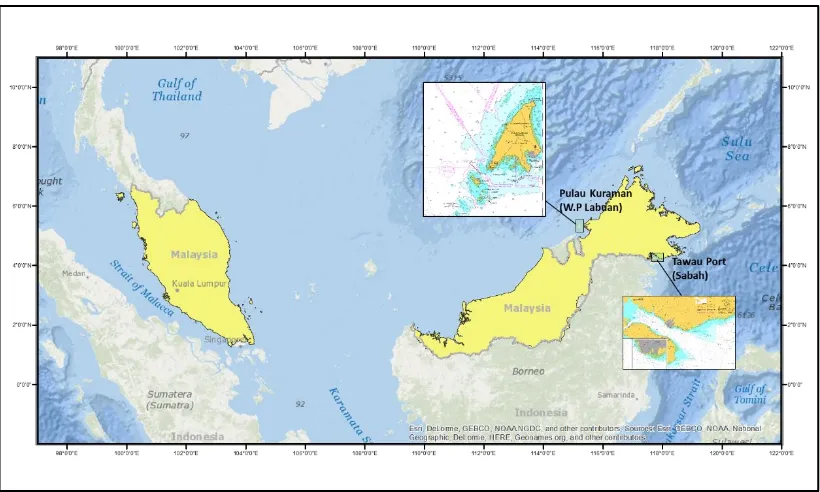 Figure 1.3 Geographical location of the study areas, the Tawau Port (Sabah) and Pulau 