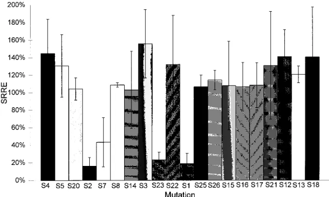 FIG. 4. SRREs for each of the linker-scanner mutations in the minigenome context. Mutations are arranged in order of location, and each is designated to indicatethe corresponding linker-scanning mutation as listed in Fig